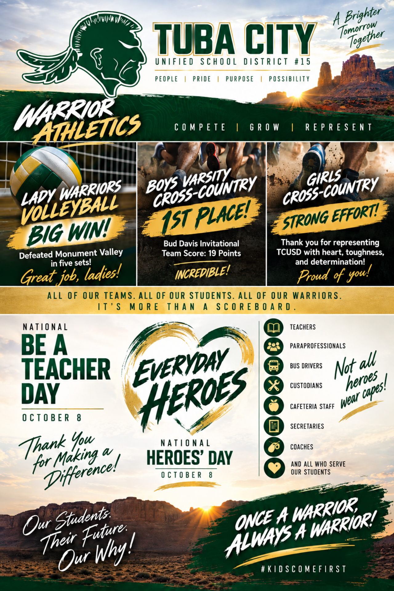 A promotional poster for Tuba City Unified School District 15 featuring Warrior Athletics news, staff appreciation, and scenic desert backdrops.